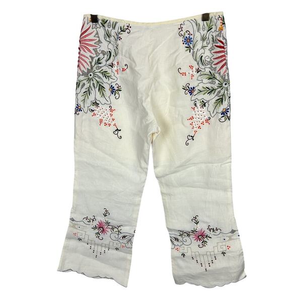 Vintage 1960s White Linen Floral Embroidered Cropped Capri Pants XS - Picture 2 of 6